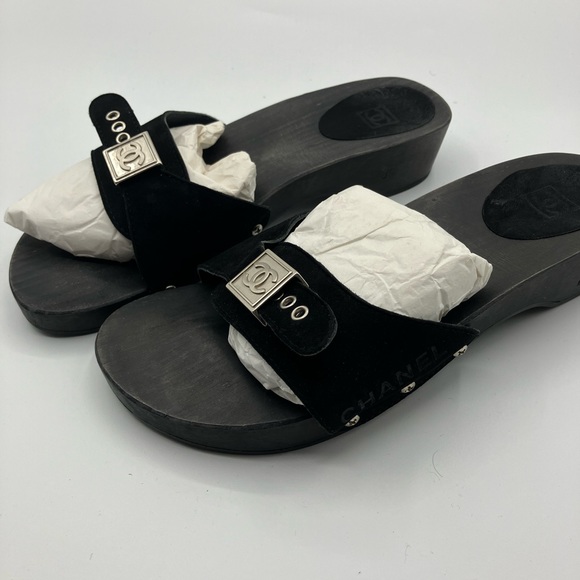 CHANEL Shoes - Vintage Chanel Black Suede Wooden slides Size 39